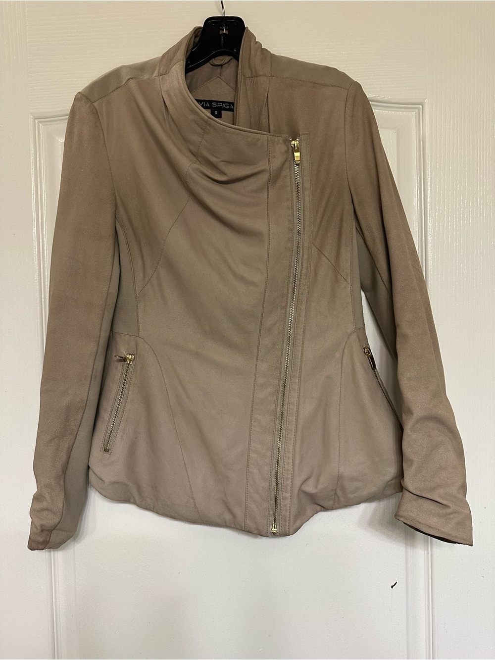Via Spiga Taupe Asymmetric Peplum Zip Leather Jacket Small